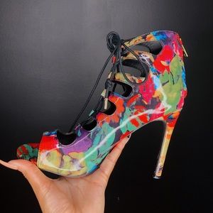 Colorful lace up open toe heels